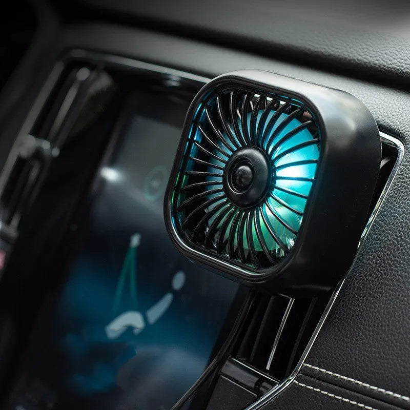 USB car fan with three-speed controls in black colour option showing compact design