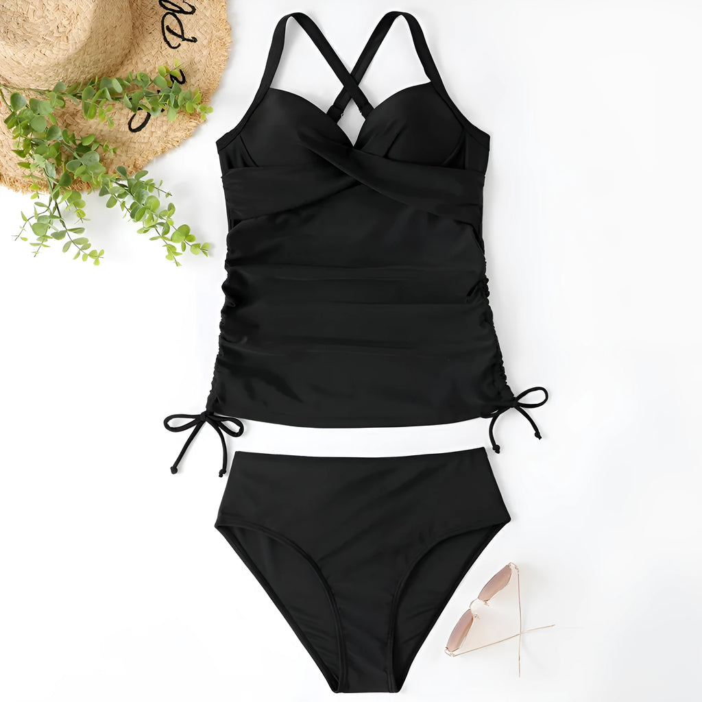 Women's two-piece high waist swimwear in nylon available in black, army green, leopard print, and green leaves