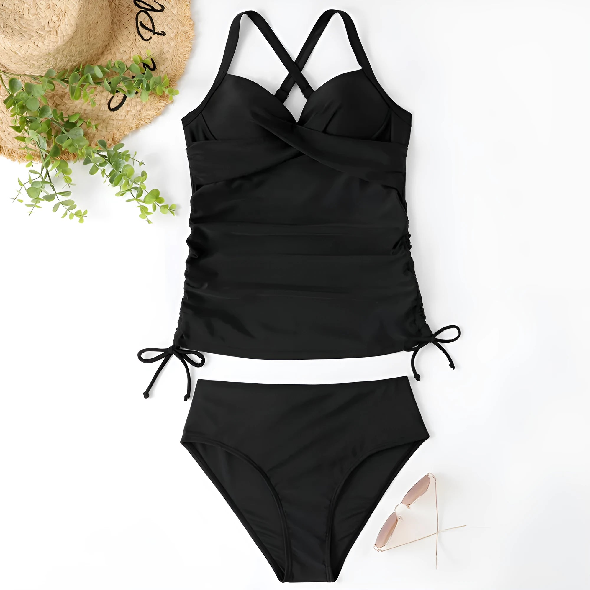 Women's two-piece high waist swimwear in nylon available in black, army green, leopard print, and green leaves