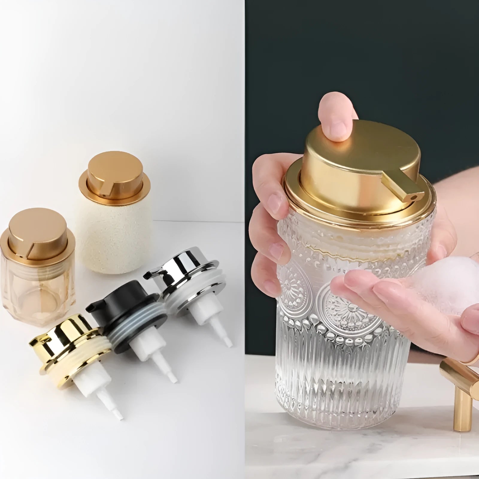 Foam pump dispenser for facial cleansers with large pump head in multiple colour options