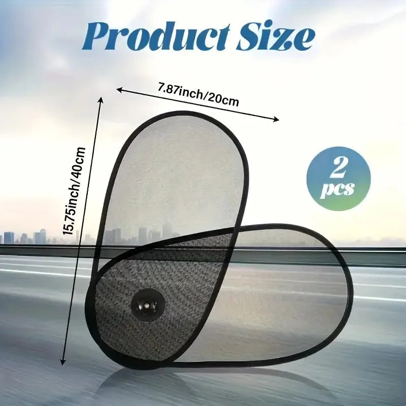 Black breathable car window shade with suction cups stretched across a car side window