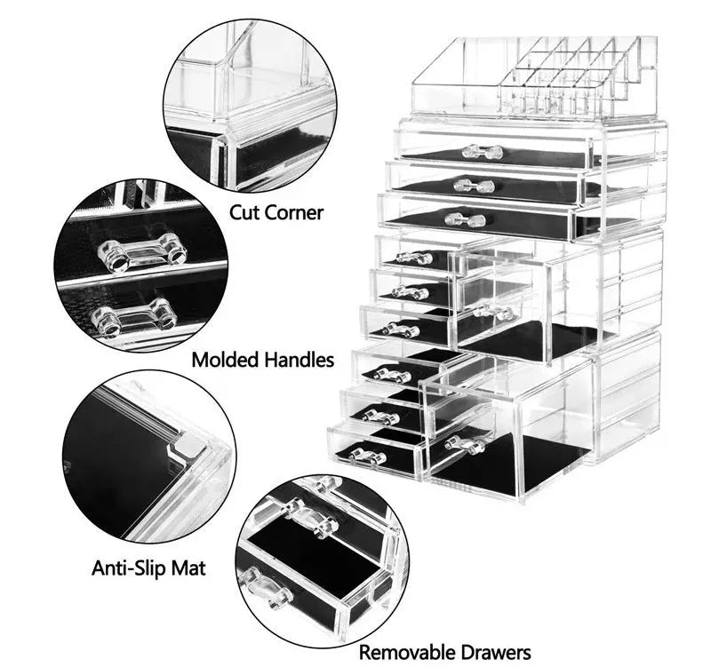 Acrylic three-layer cosmetics storage box in Nordic style, transparent finish on a vanity table