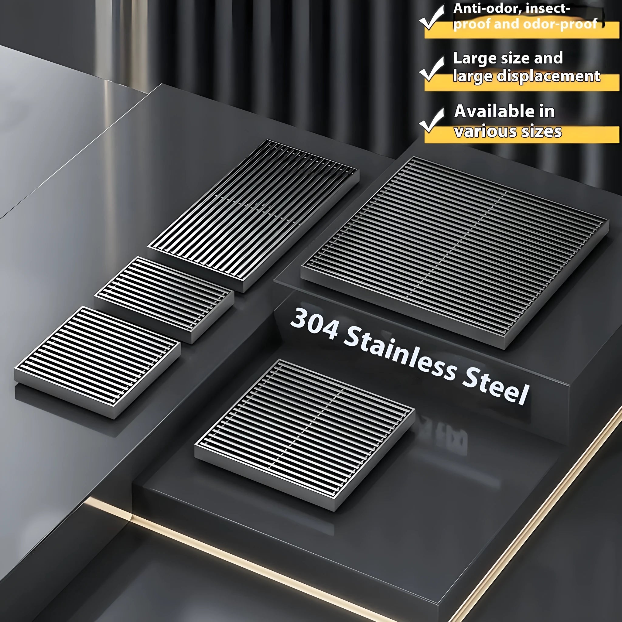 Gun grey 304 stainless steel square courtyard floor drain measuring 15x15cm.