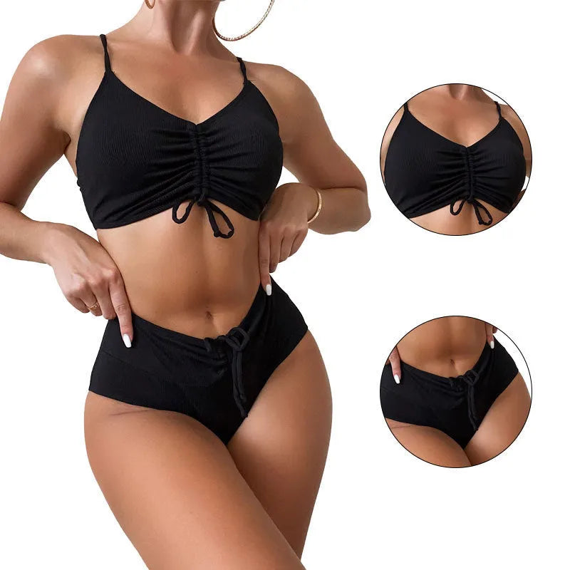 Black women's swimsuit set with sling bikini top and high-waist shorts with side splits