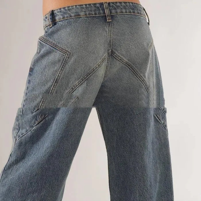 Blue cotton loose straight wide leg mop trousers with low waist and splicing details