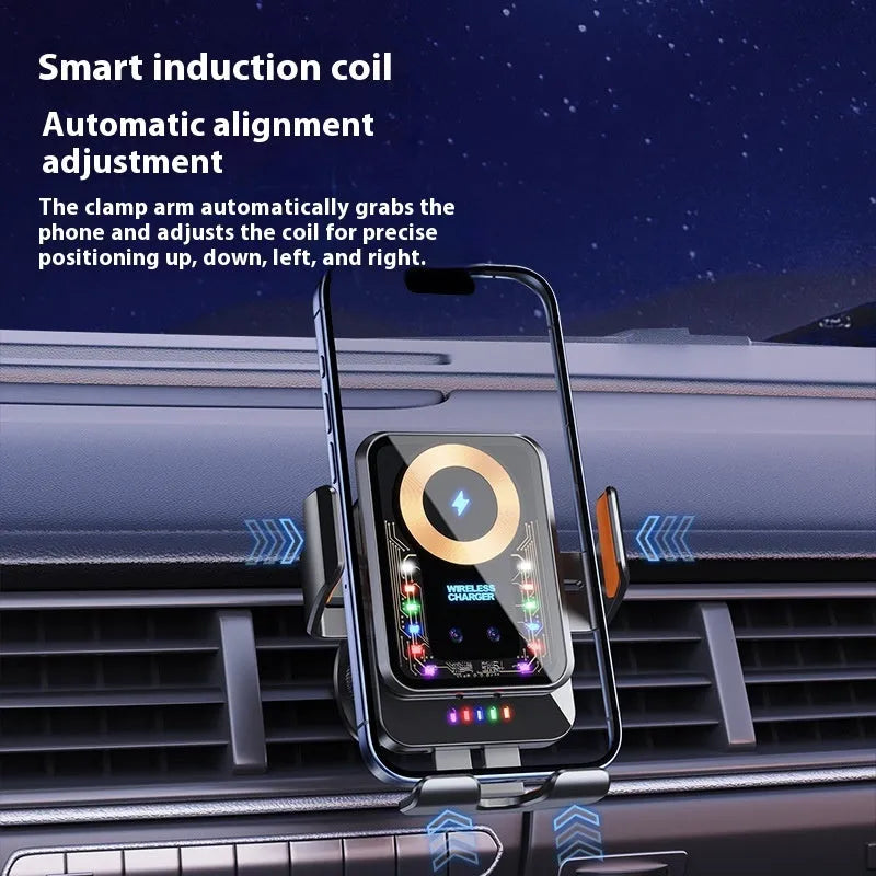 Black car wireless charging stand with gravity holder for dashboard windscreen vent use