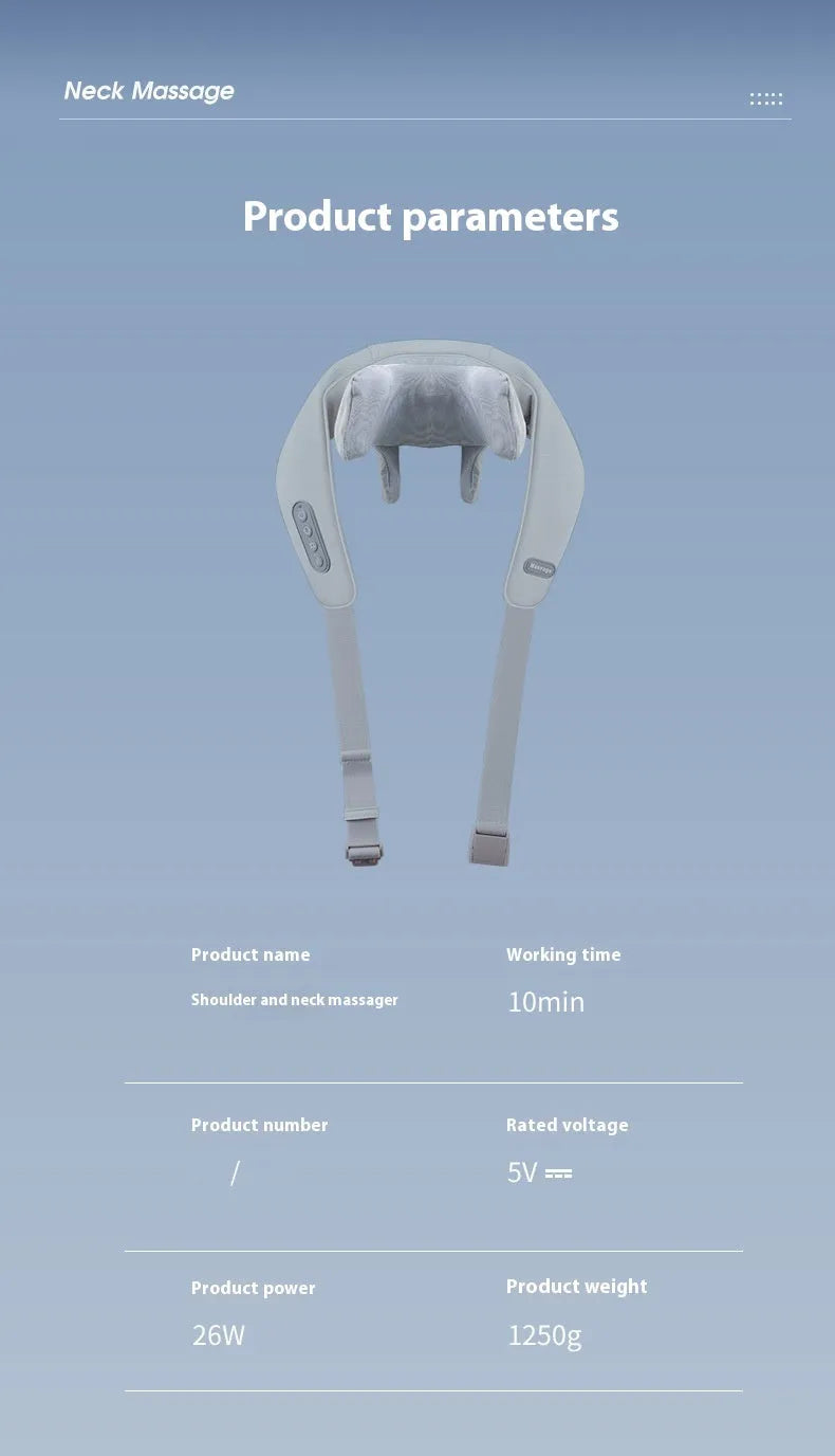 Grey elastic fabric neck massager with USB charging cable and infrared physiotherapy function