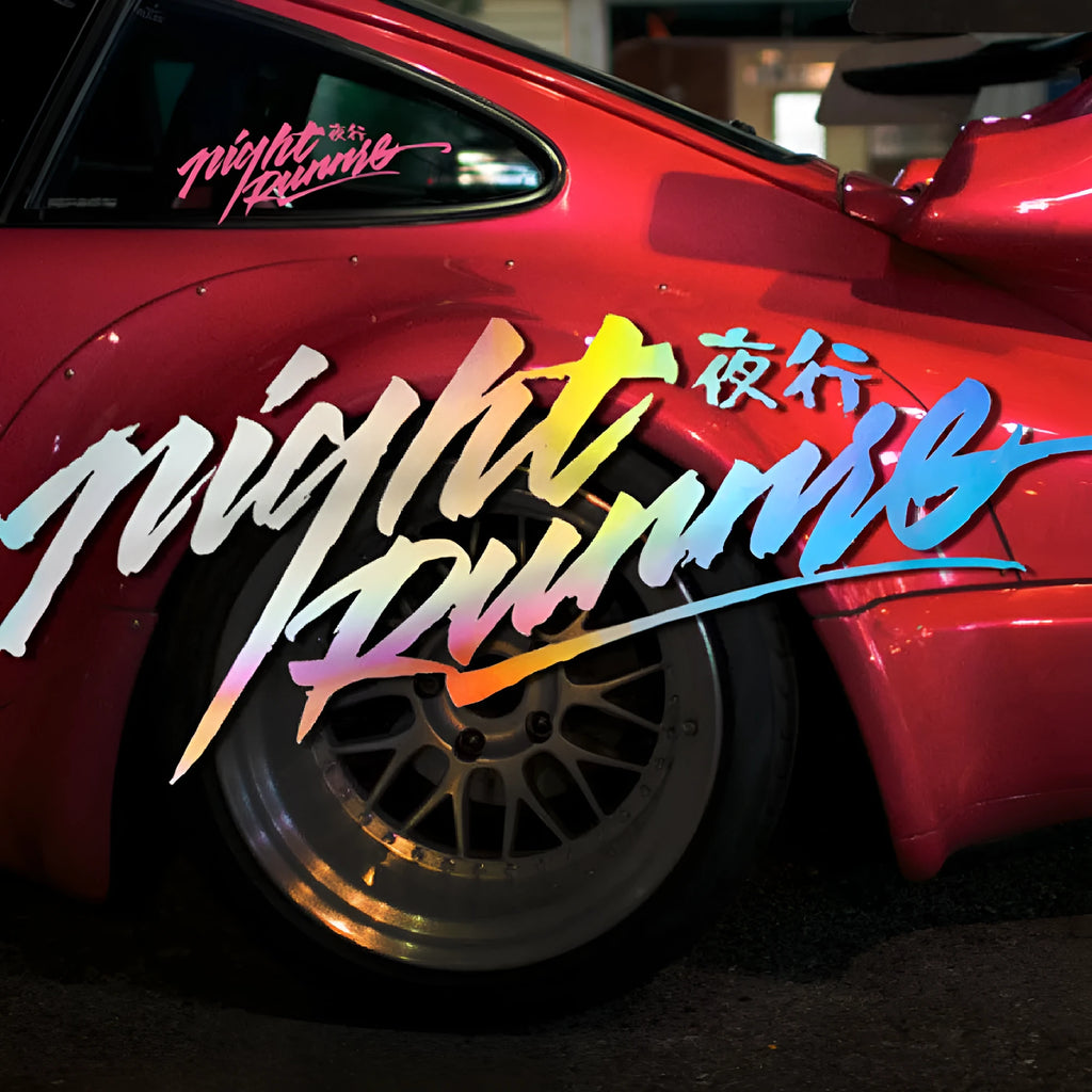 Nightwalker car decal sticker for rear windshield in black, colourful or pink, showing letters and numbers pattern.