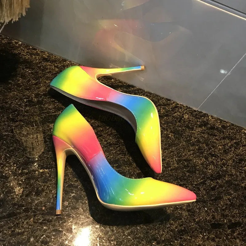 Rainbow patent leather women's high heels with thin ultra-high heels and pointed toes
