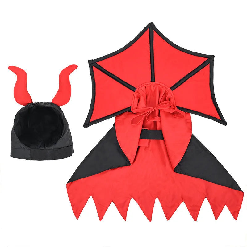 Black polyester pet vampire costume with cloak and pointed witch hat for Halloween