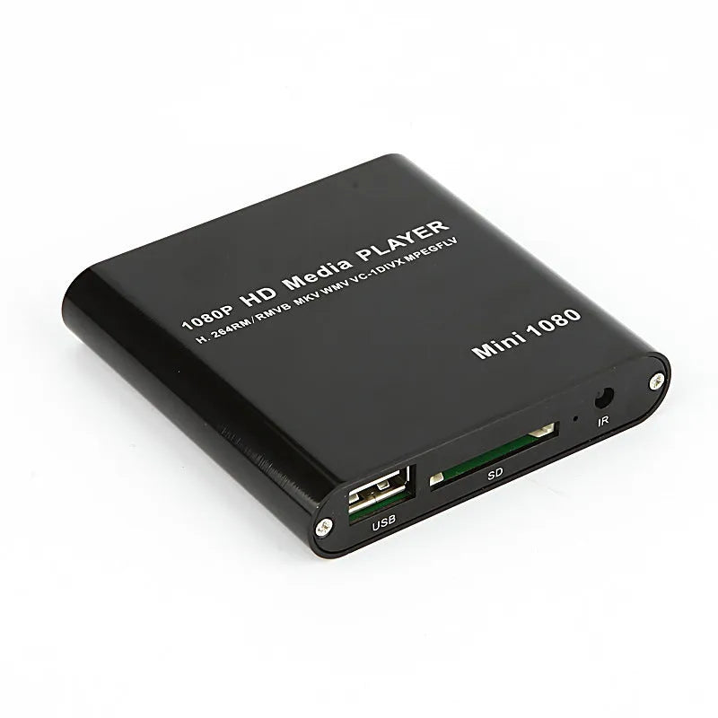 Compact black or blue 1080p Full HD media player with HDMI port, SD card slot and USB input