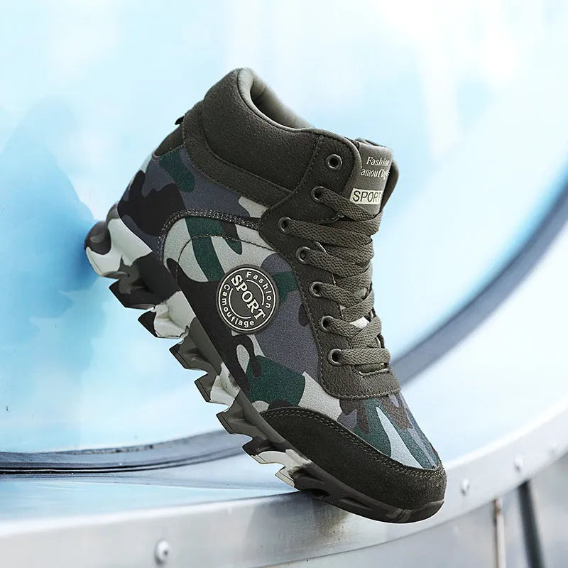 Women's green camouflage print canvas sneakers with a white rubber sole on a plain background.
