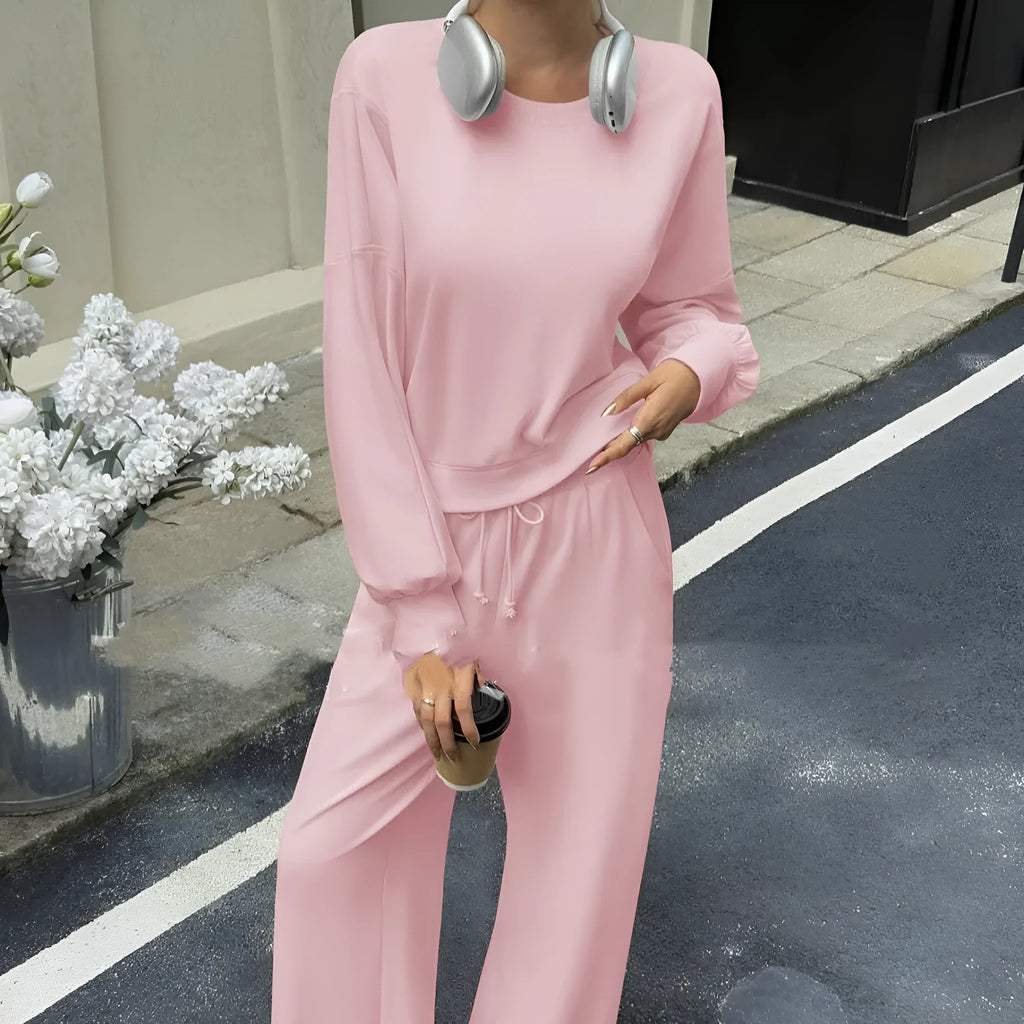 Women's solid colour long sleeve top and trousers two-piece set in polyester fabric