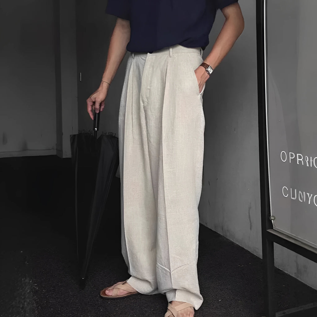 Men's loose wide-leg cotton linen trousers in apricot, army green, and purplish blue colours with Korean style