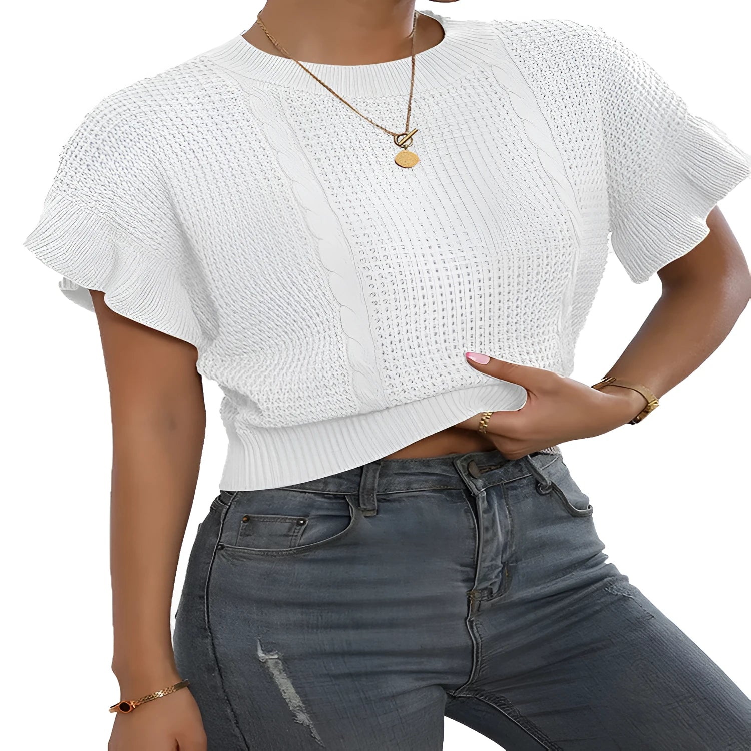 Knitted pullover sweater with ruffled short sleeves and a textured 3D pattern in a loose fit.