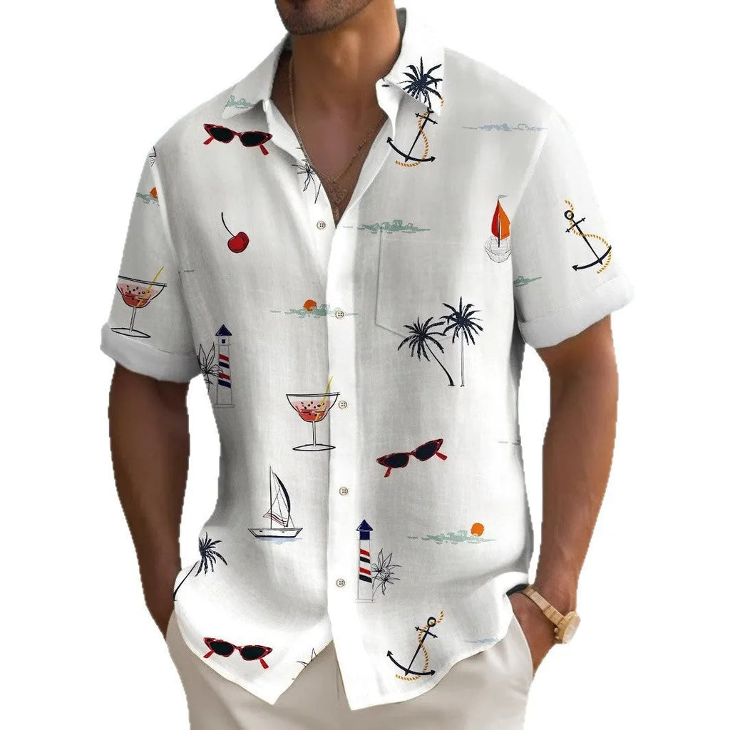 Man wearing a loose-fit, short-sleeve Hawaiian shirt with a colourful digital print pattern.