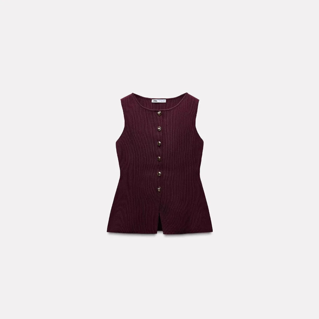 Dark red slim fit sleeveless sweater vest with gold buttons and 3D pattern detailing on a mannequin