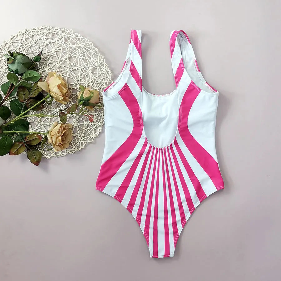 Pink striped digital print one-piece swimsuit for women, front and rear view.