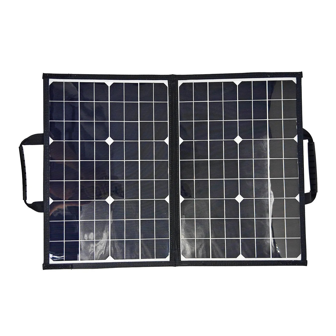 Black foldable solar charger bag showing 40W single crystal panel, folded to compact size for camping.