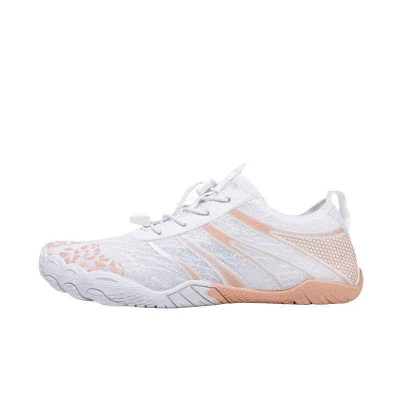 Casual unisex beach running shoes with stretch Lycra fabric uppers in beige, shown on a size label.