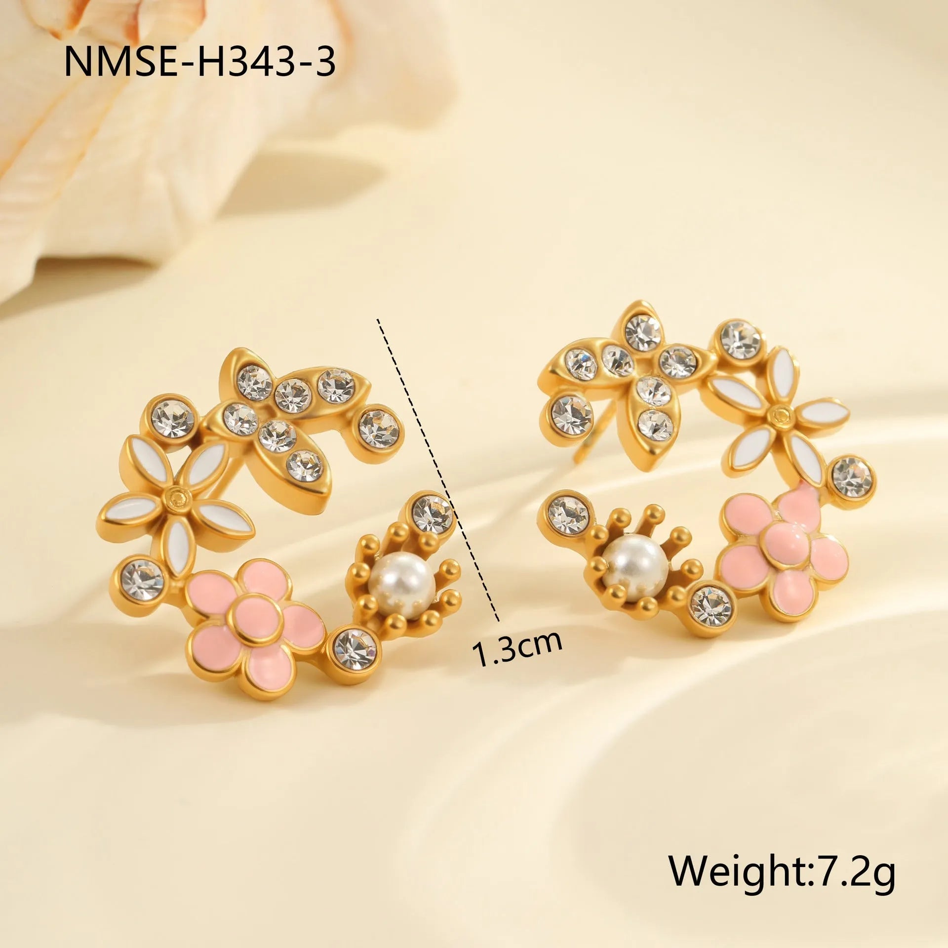 Flower stud earrings with petal design in gold electroplated finish on stainless steel