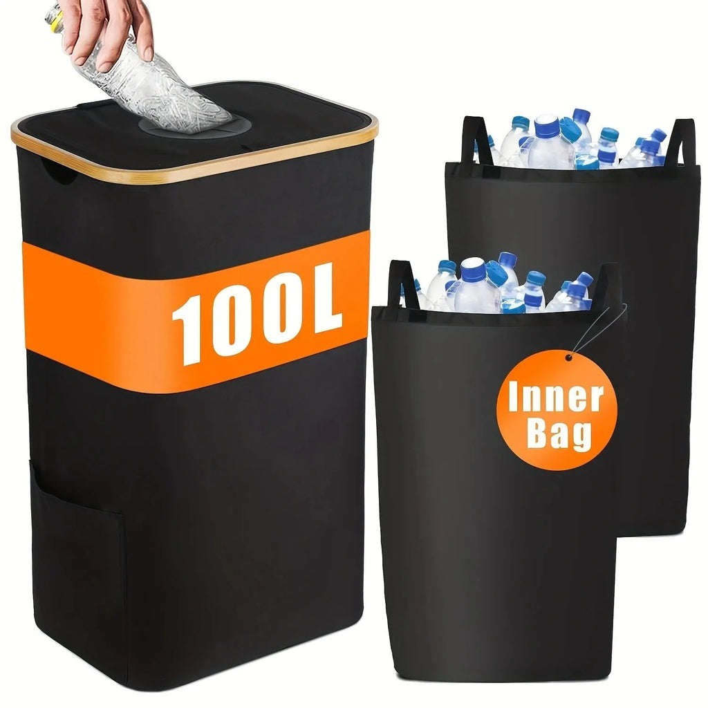 Black bamboo-frame storage basket with removable lid, holes design, and double inner pockets.