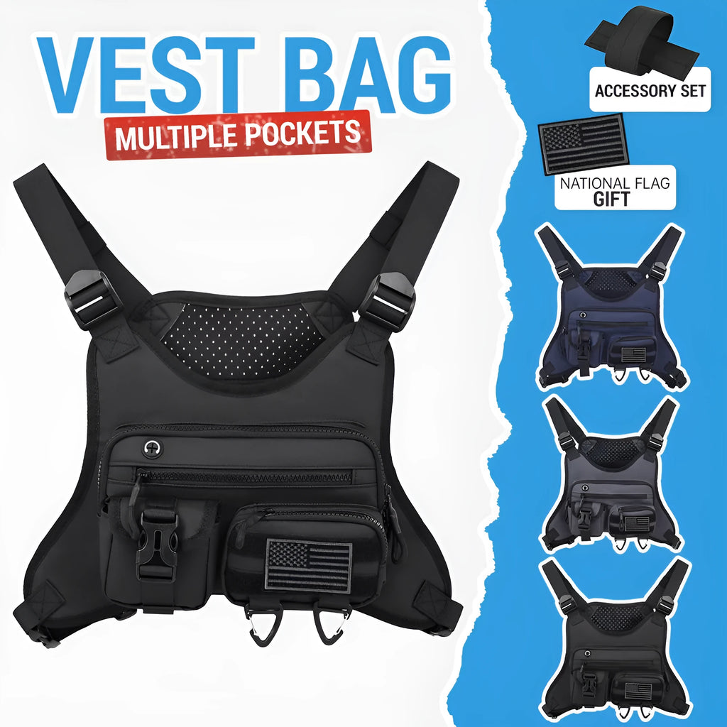 Men's black outdoor sports chest bag in a vest style, made from Oxford cloth.