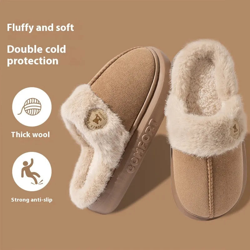 Plush fleece winter slippers with thick PVC sole in multiple colour options
