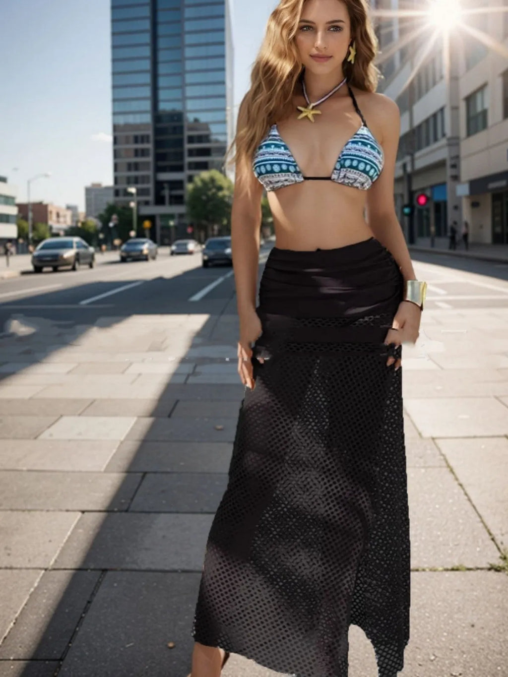 Women's three-piece bikini set with fishnet long skirt in gradient colours