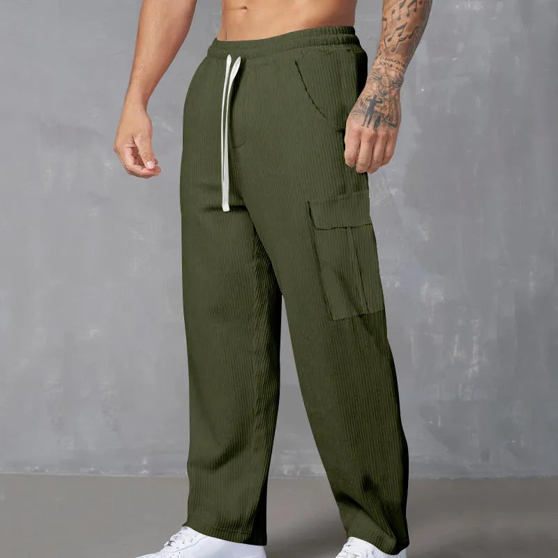 Men's straight-leg corduroy cargo trousers in navy blue with drawstring waist