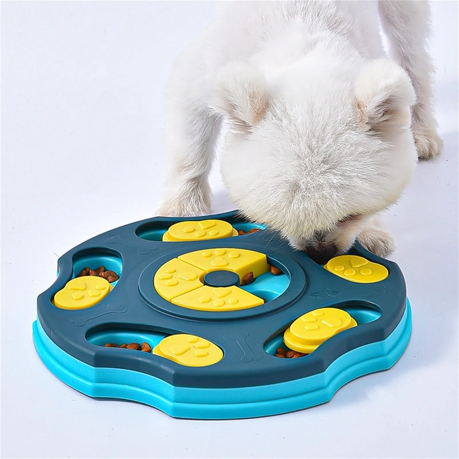 Blue and pink interactive dog puzzle food bowl for aggressive chewers with treat-dispensing games