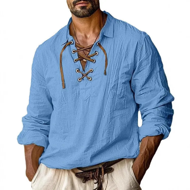 Men's plus size blue linen blend shirt with lapels and lace detailing, loose long sleeves.