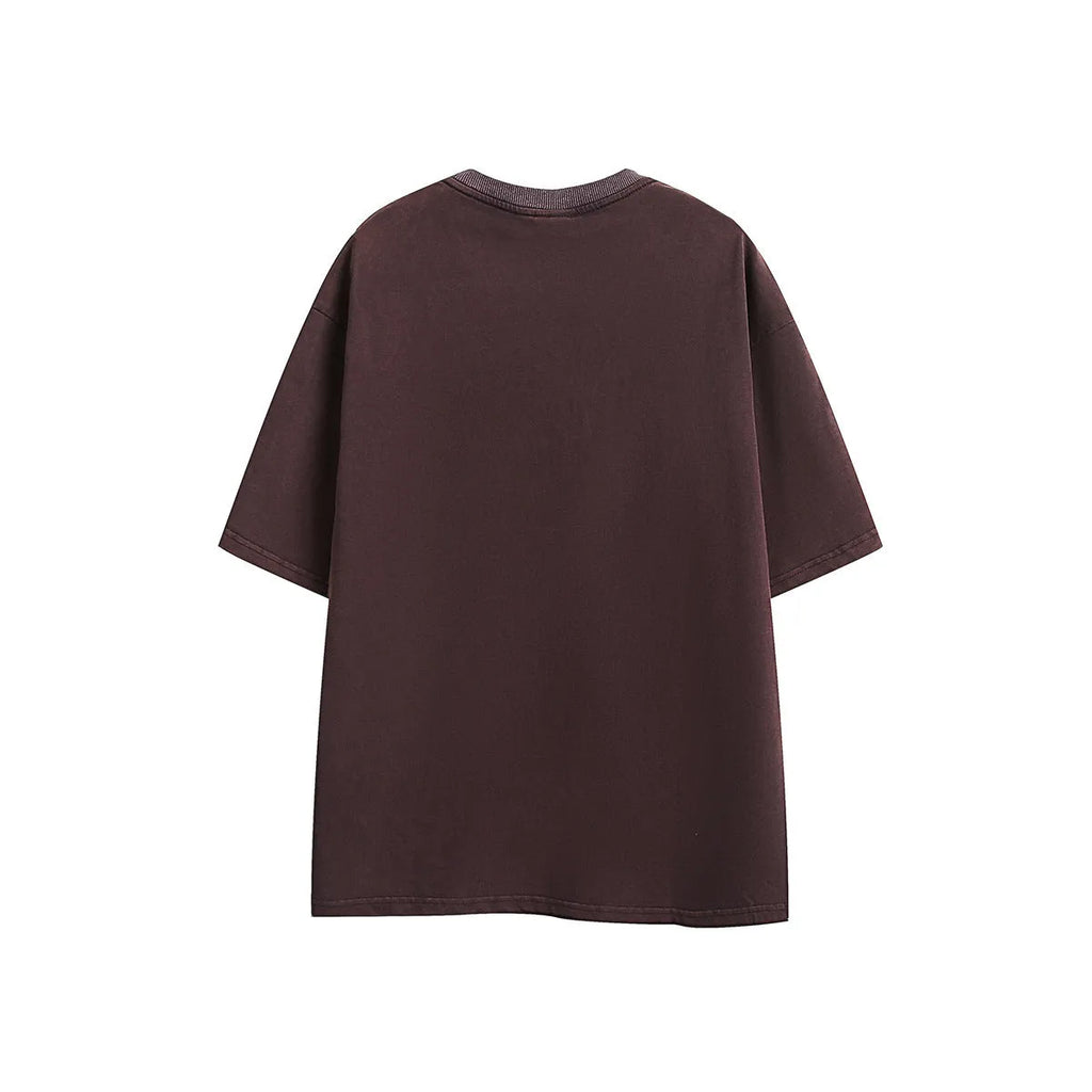 Men's loose fit black embroidered retro short-sleeved cotton t-shirt on a hanger