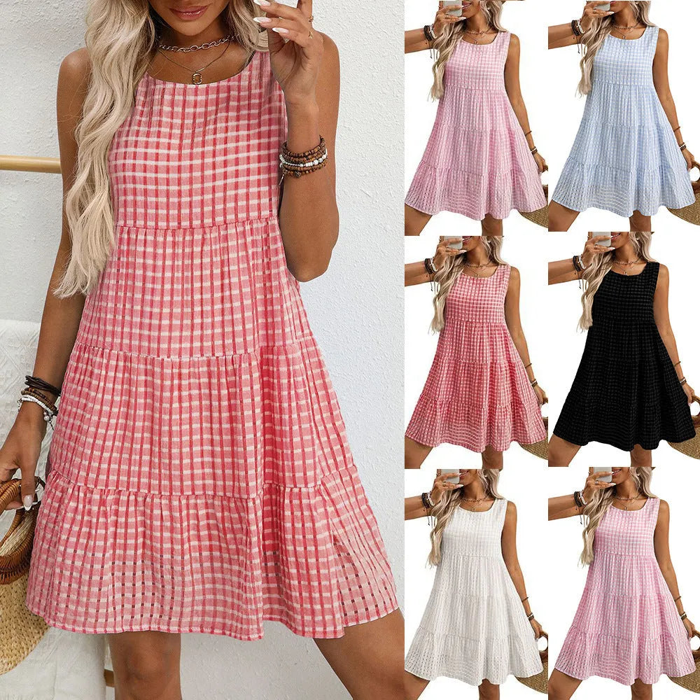 Women's light blue sleeveless plaid dress with high waist and flowing swing skirt