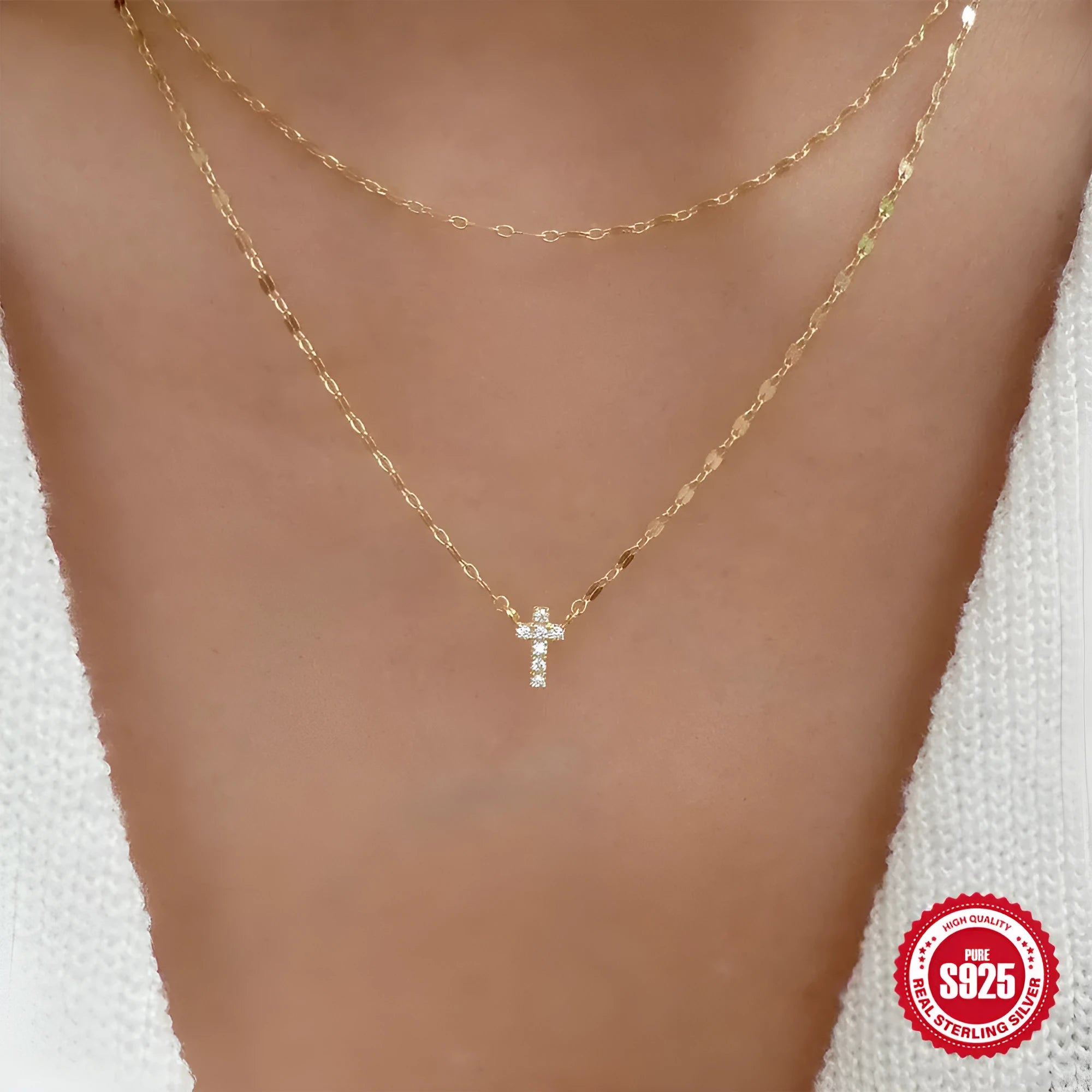 Sterling silver double layer cross pendant necklace with diamond cut treatment on clavicle chain