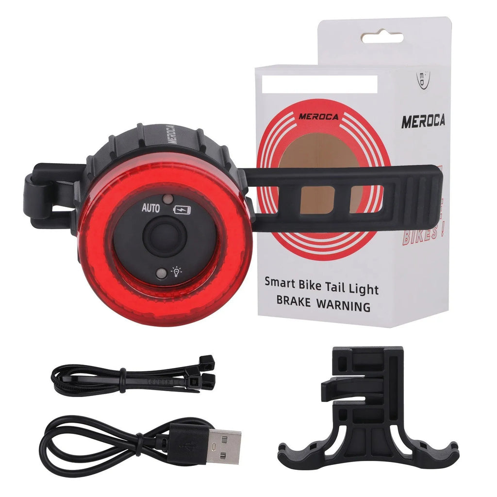 Black intelligent induction brake taillight with aluminium alloy body and seat tube bracket for cycling safety