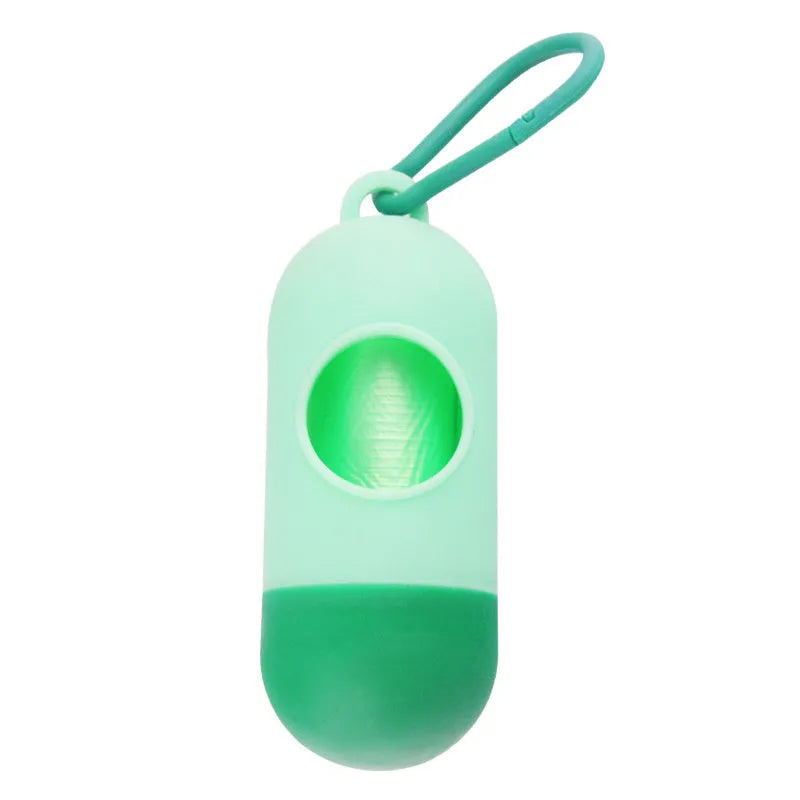 Small black dog poop bags holder with side hook and Velcro strap for attaching to leads or clothing.