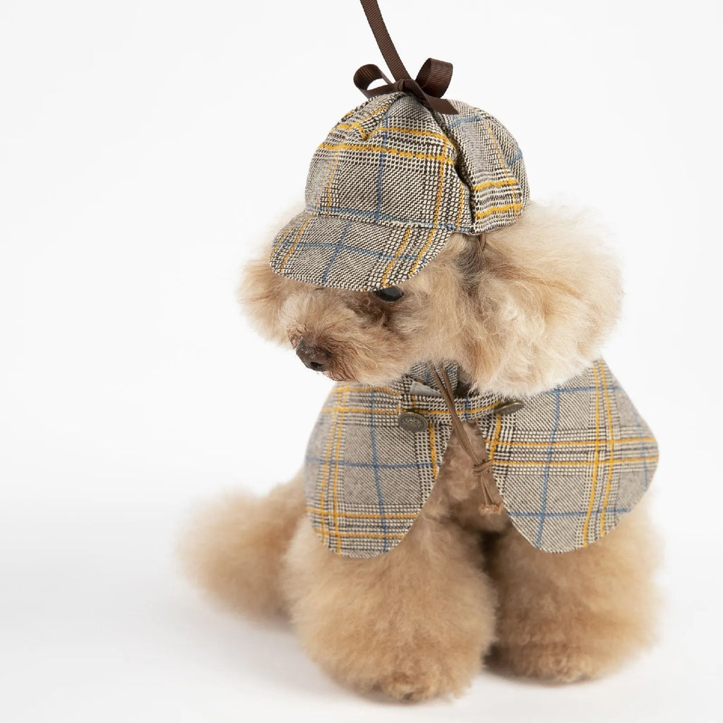 Camel coloured cotton pet cloak with adjustable hat shown in multiple sizes for dogs and cats