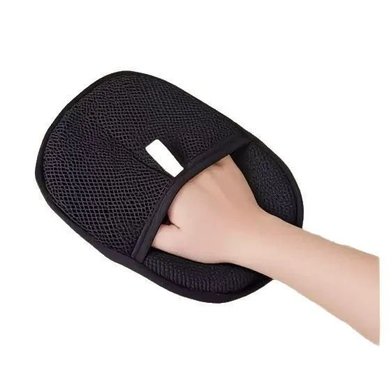 Black pet hair removal glove with silicone bristles for dog and cat grooming measuring 24 by 16 cm