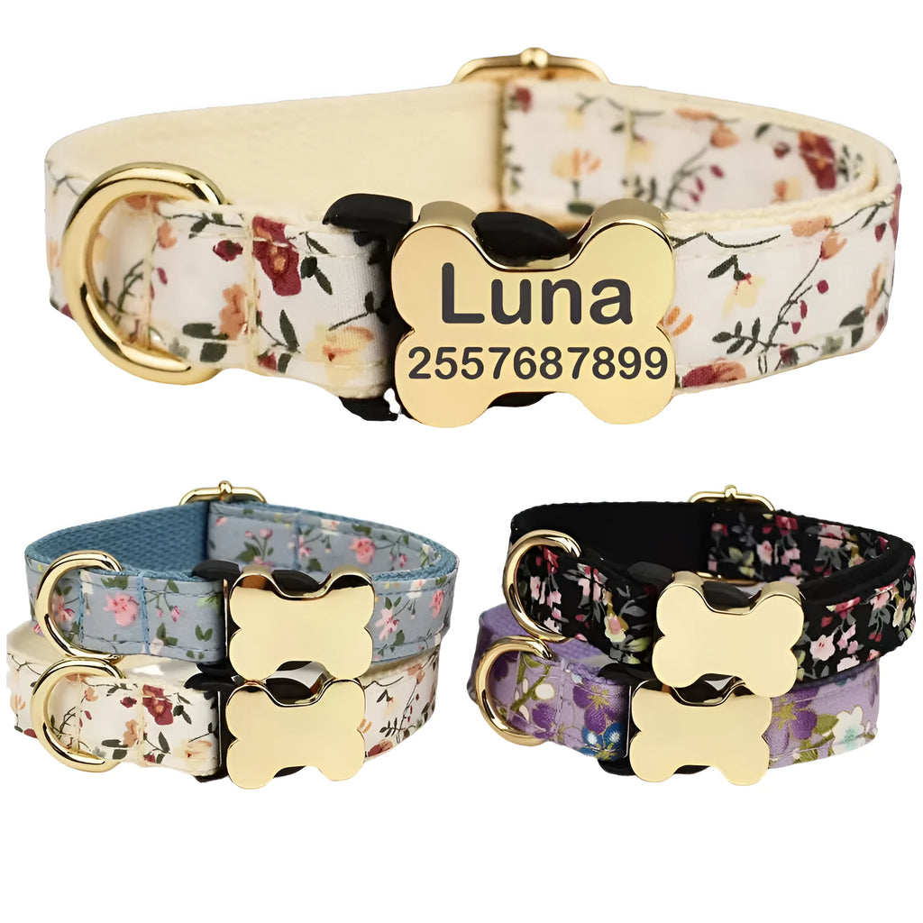 Flat nylon dog collar with grid print and a metal bone-shaped buckle.