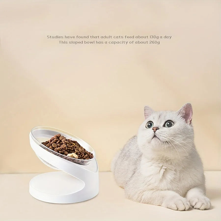 White elevated plastic cat food bowl with ergonomic tilt and anti-vomit design