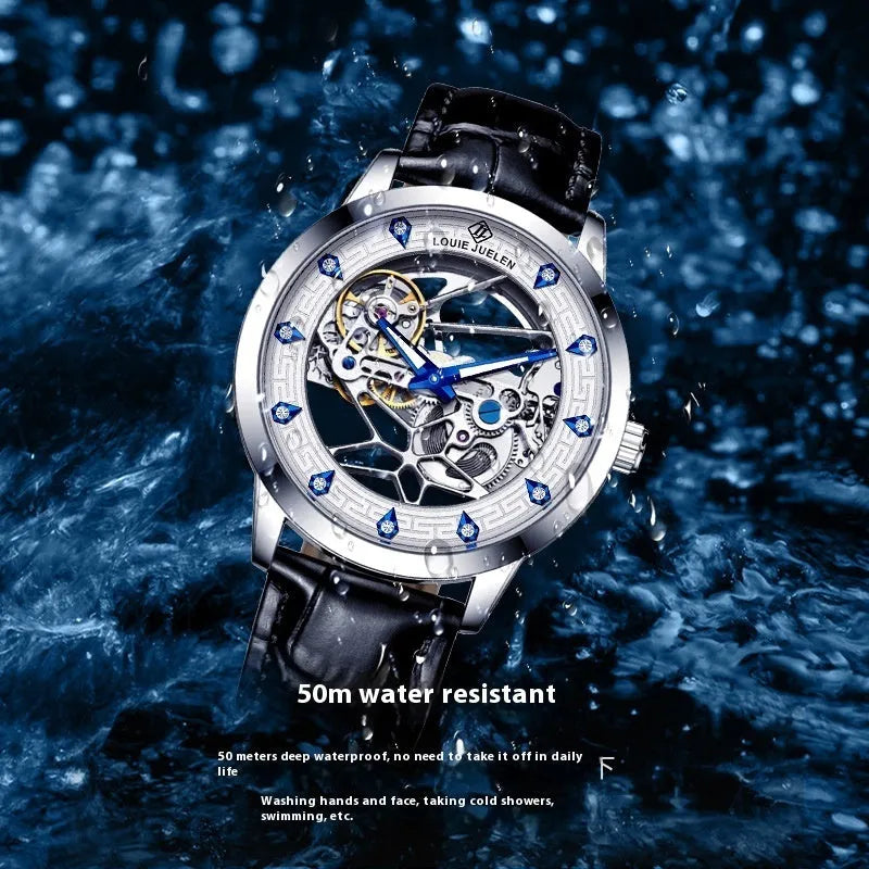 Men's silver mechanical watch with white dial, blue hands, black leather strap, and luminous markers