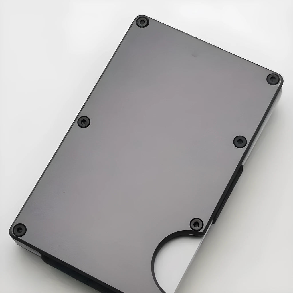 Aluminium grey carbon fibre wallet with RFID blocking for seven credit cards