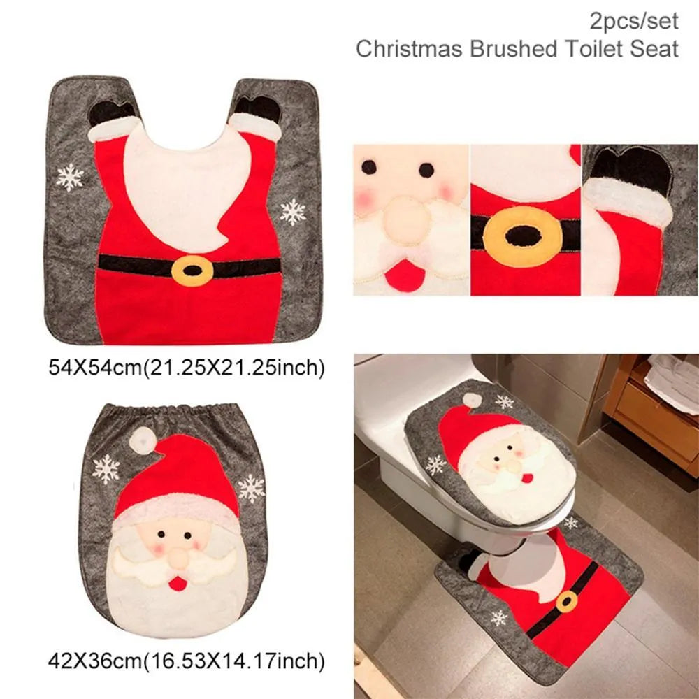 Christmas bathroom set with Santa design including toilet seat cover, floor mat, and shower curtain