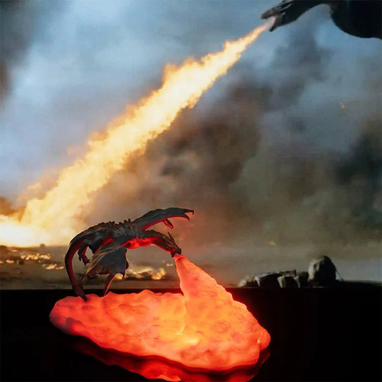 3D printed dragon lamp glowing with warm red light, showing detailed fire dragon design on a table.