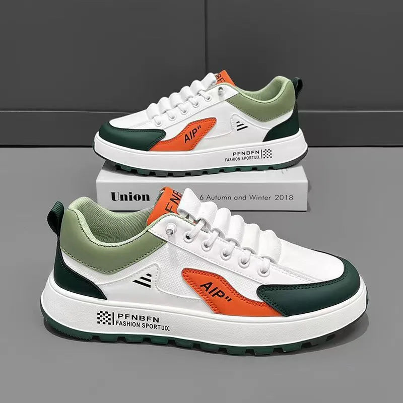 Men's white and black casual shoes with round toe and artificial PU upper.