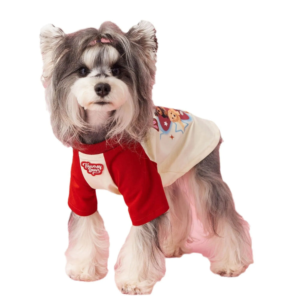 Red cotton summer dog clothes with contrast colour design on a small dog