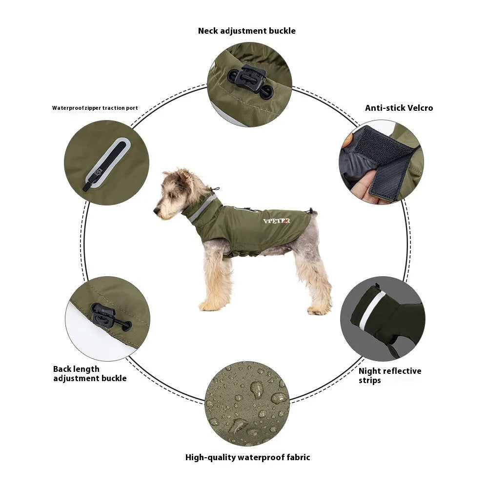 Dog outdoor windproof raincoat in olive green reflective pet poncho polyester casual style