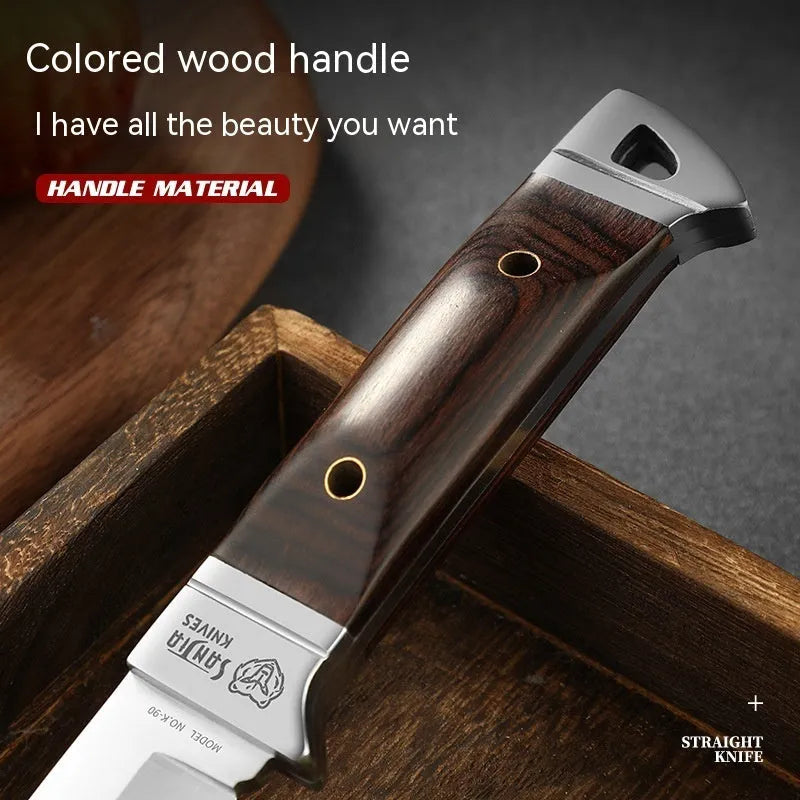 Stainless steel fixed blade camping knife with leather sheath national style design