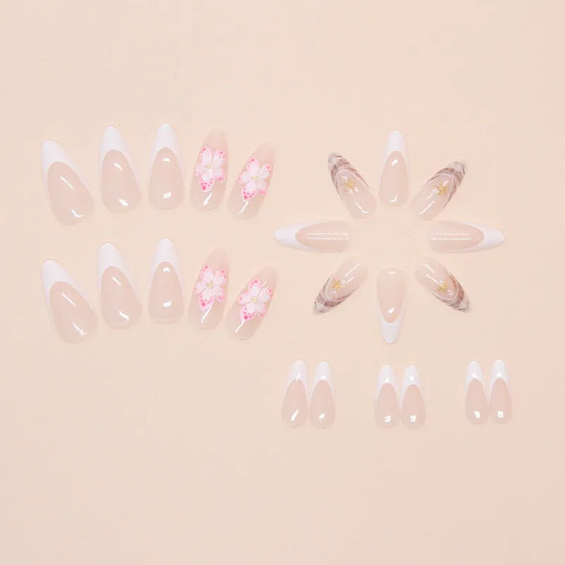 French style fake nails with rock pattern patch and simple flower design in plastic nail kit